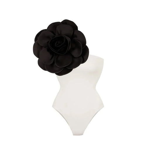 Black one-piece swimsuit with a large 3D flower on one shoulder and a geometric pattern on the bodice. - Image 35