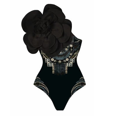 Women's one-piece swimsuit with a black, gold chain, and anchor pattern, featuring a large teal flower on one shoulder. - Image 18
