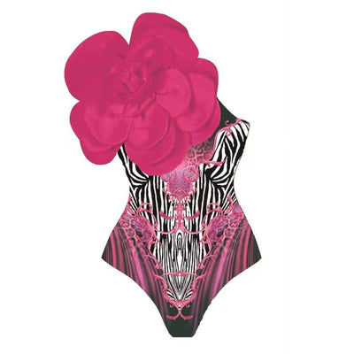 Women's one-piece swimsuit with a black, gold chain, and anchor pattern, featuring a large teal flower on one shoulder. - Image 21
