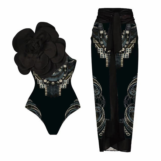 Women's one-piece swimsuit with a black, gold chain, and anchor pattern, featuring a large teal flower on one shoulder. - Image 26