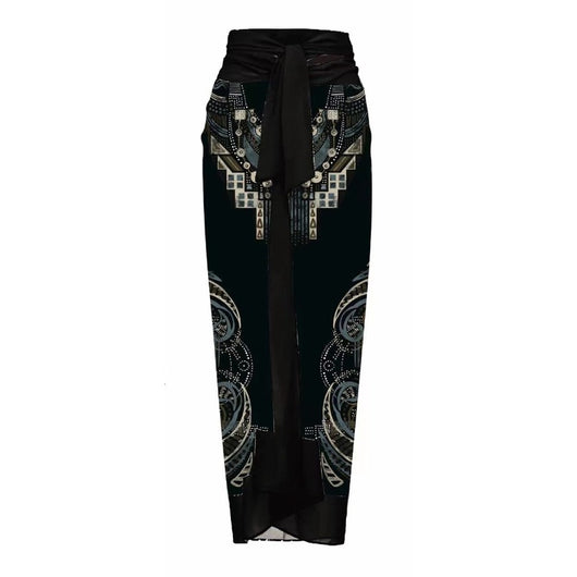 Women's one-piece swimsuit with a black, gold chain, and anchor pattern, featuring a large teal flower on one shoulder. - Image 28