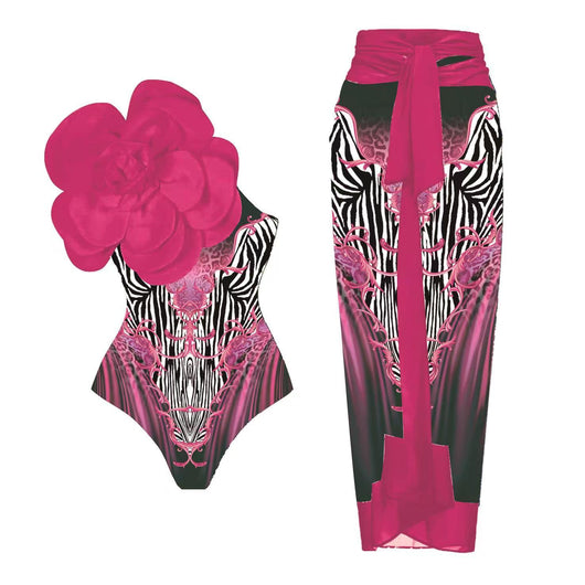 Women's one-piece swimsuit with a black, gold chain, and anchor pattern, featuring a large teal flower on one shoulder. - Image 29