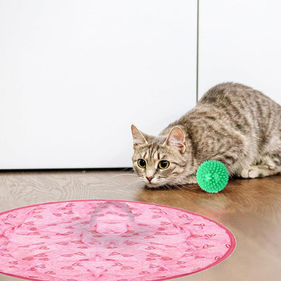 Pink round electronic cat toy with power symbol and a circular cat play mat with cartoon animals and pink border. - Image 19