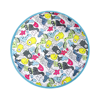 Pink round electronic cat toy with power symbol and a circular cat play mat with cartoon animals and pink border. - Image 21