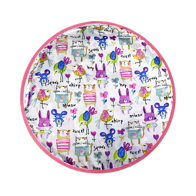 Pink round electronic cat toy with power symbol and a circular cat play mat with cartoon animals and pink border. - Image 23