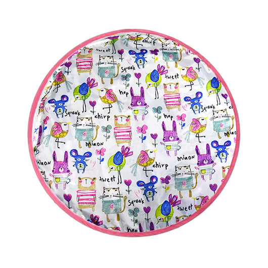 Pink round electronic cat toy with power symbol and a circular cat play mat with cartoon animals and pink border. - Image 23