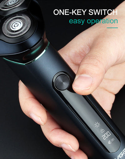 VGR men's electric rotary shaver with a dark teal metal body, LCD display, and three shaving heads. Includes USB cable, cleaning brush, travel pouch, and protec - Image 16