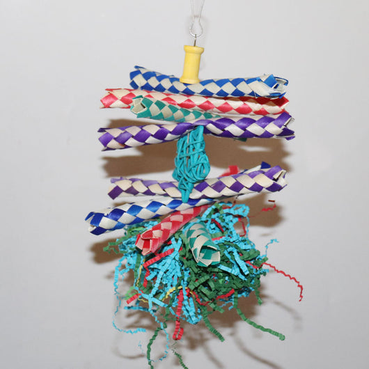 Colorful bird gnawing toy with braided paper strips, shredded paper, and woven balls, hanging from a hook. - Image 12