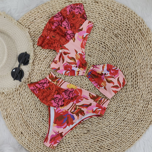 Women's one-shoulder ruffled bikini with a vibrant red and pink floral print, high-waisted bottoms. - Image 21