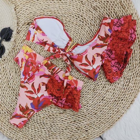 Women's one-shoulder ruffled bikini with a vibrant red and pink floral print, high-waisted bottoms. - Image 23