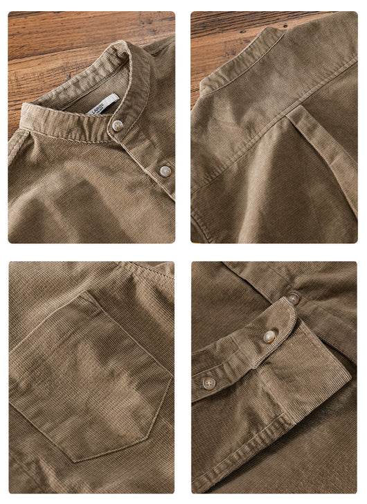 Camisa Retro de Pana para Hombre con Cuello Mao de Manga Larga - Image 29