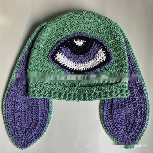 Gorro de Punto Artesanal con Orejas de Conejo, Diseño Divertido con Máscara de Un Ojo y Cuernos - Image 42