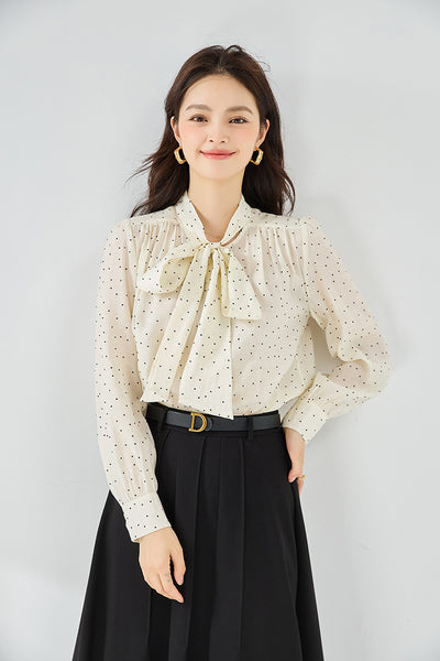 Blusa de Lunares con Moño Streamer de Manga Larga Versátil - Image 9