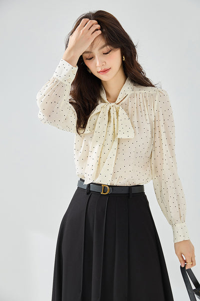 Blusa de Lunares con Moño Streamer de Manga Larga Versátil - Image 11