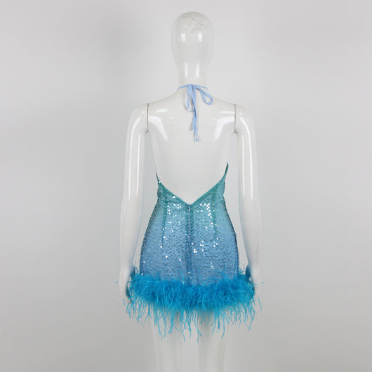 Vestido de Fiesta con Lentejuelas y Tirantes Plumados - Image 30