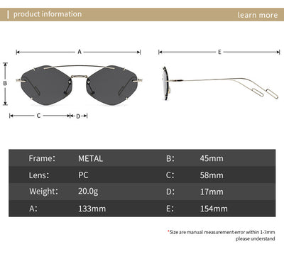 Metal frameless sunglasses for women with geometric gradient gray lenses and a silver-colored frame. - Image 21