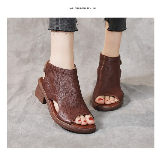 Sandalias Retro de Cuero Genuino para Mujer con Tacón Medio y Suela Suave - Image 12