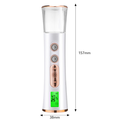 White and rose gold double-spraying nano mist sprayer with a clear reservoir, next to its product box and USB cable. - Image 14