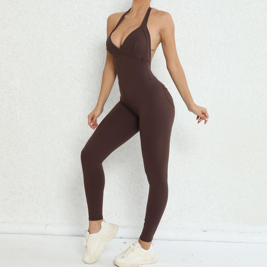 Jumpsuit Deportivo Halter Espalda Descubierta con Bolsillos y Cintura Ajustada Melocotón - Image 55