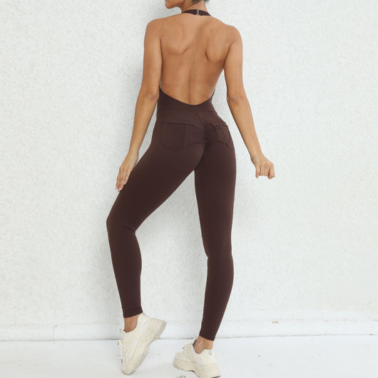 Jumpsuit Deportivo Halter Espalda Descubierta con Bolsillos y Cintura Ajustada Melocotón - Image 67