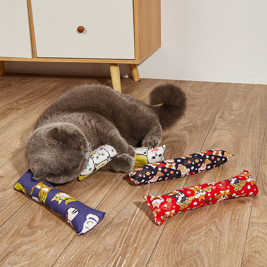Dark blue catnip pillow toy with white cat, fish, and paw print patterns, measuring 25cm long. - Image 16