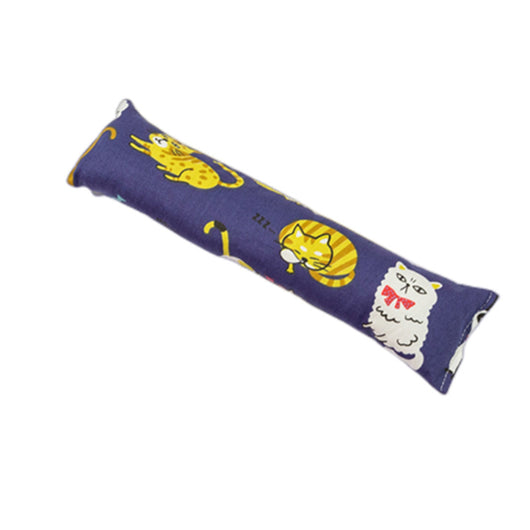 Dark blue catnip pillow toy with white cat, fish, and paw print patterns, measuring 25cm long. - Image 17