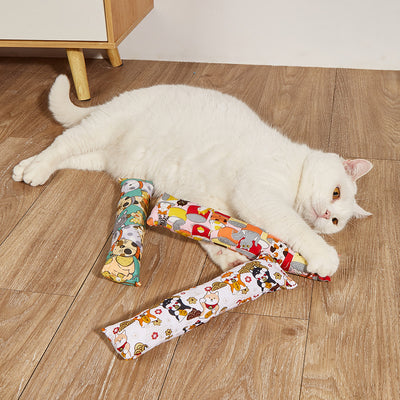 Dark blue catnip pillow toy with white cat, fish, and paw print patterns, measuring 25cm long. - Image 24