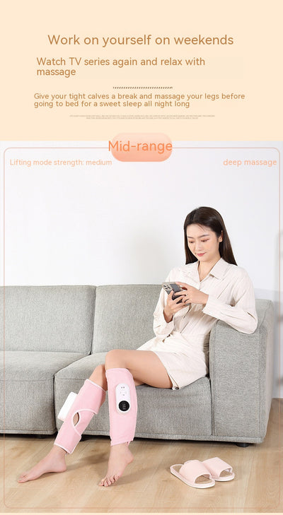 Pink automatic air bag heating calf massagers on a person's legs, with white control units visible. - Image 16