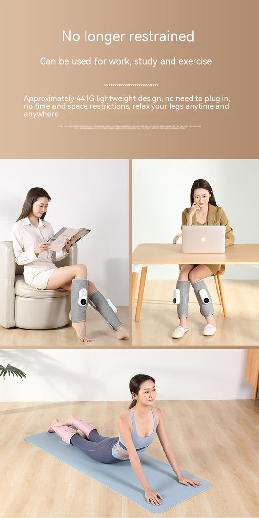 Pink automatic air bag heating calf massagers on a person's legs, with white control units visible. - Image 24