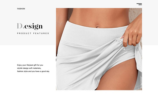 White ribbed high-waisted skort with a pleated skirt overlay, ruched side with drawstrings, and a ruffled hem. - Image 32