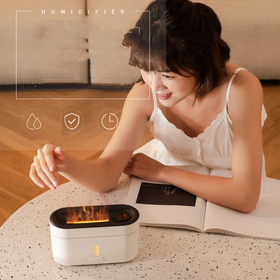 White rectangular flame lamp humidifier and aromatherapy machine with a black top and control buttons. - Image 8