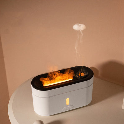 White rectangular flame lamp humidifier and aromatherapy machine with a black top and control buttons. - Image 9