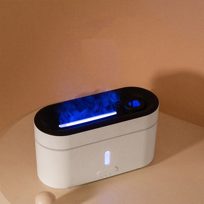 White rectangular flame lamp humidifier and aromatherapy machine with a black top and control buttons. - Image 11