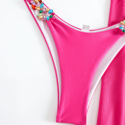 Yellow three-piece swimsuit with a halter bikini top, matching bottoms, and a long mesh skirt, all embellished with colorful rhinestones. - Image 10