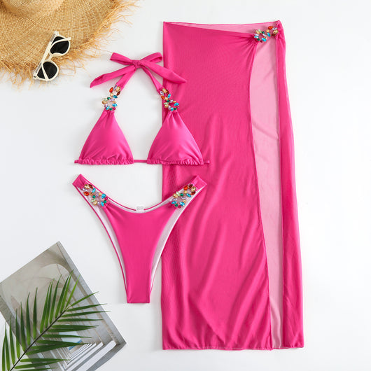 Yellow three-piece swimsuit with a halter bikini top, matching bottoms, and a long mesh skirt, all embellished with colorful rhinestones. - Image 12
