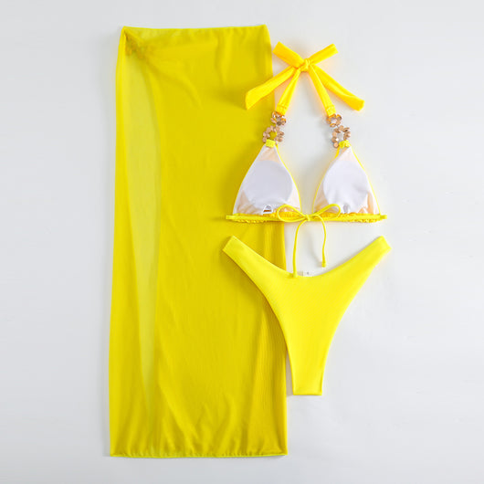 Yellow three-piece swimsuit with a halter bikini top, matching bottoms, and a long mesh skirt, all embellished with colorful rhinestones. - Image 16