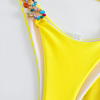 Yellow three-piece swimsuit with a halter bikini top, matching bottoms, and a long mesh skirt, all embellished with colorful rhinestones. - Image 17