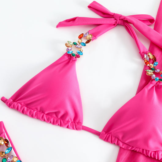 Yellow three-piece swimsuit with a halter bikini top, matching bottoms, and a long mesh skirt, all embellished with colorful rhinestones. - Image 18