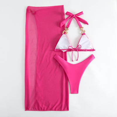 Yellow three-piece swimsuit with a halter bikini top, matching bottoms, and a long mesh skirt, all embellished with colorful rhinestones. - Image 20