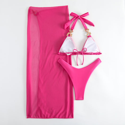Yellow three-piece swimsuit with a halter bikini top, matching bottoms, and a long mesh skirt, all embellished with colorful rhinestones. - Image 20