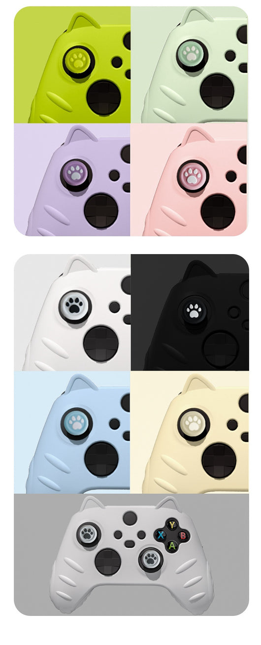 Light yellow silicone Xbox Series controller cover with cat ears, paw print joystick caps, and a cartoon cat sticker. - Image 18