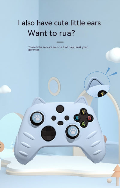 Light yellow silicone Xbox Series controller cover with cat ears, paw print joystick caps, and a cartoon cat sticker. - Image 21