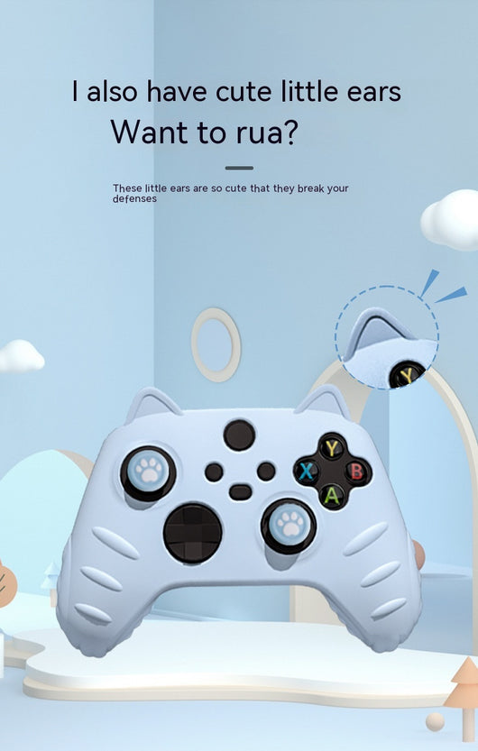 Light yellow silicone Xbox Series controller cover with cat ears, paw print joystick caps, and a cartoon cat sticker. - Image 21