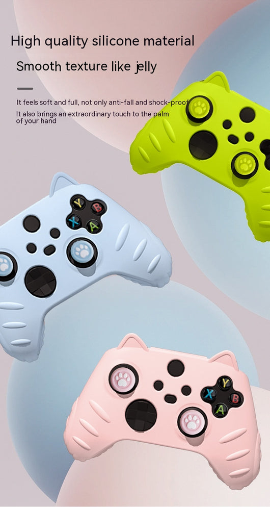Light yellow silicone Xbox Series controller cover with cat ears, paw print joystick caps, and a cartoon cat sticker. - Image 22