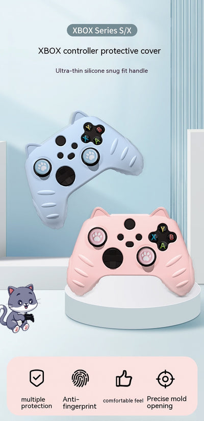 Light yellow silicone Xbox Series controller cover with cat ears, paw print joystick caps, and a cartoon cat sticker. - Image 24