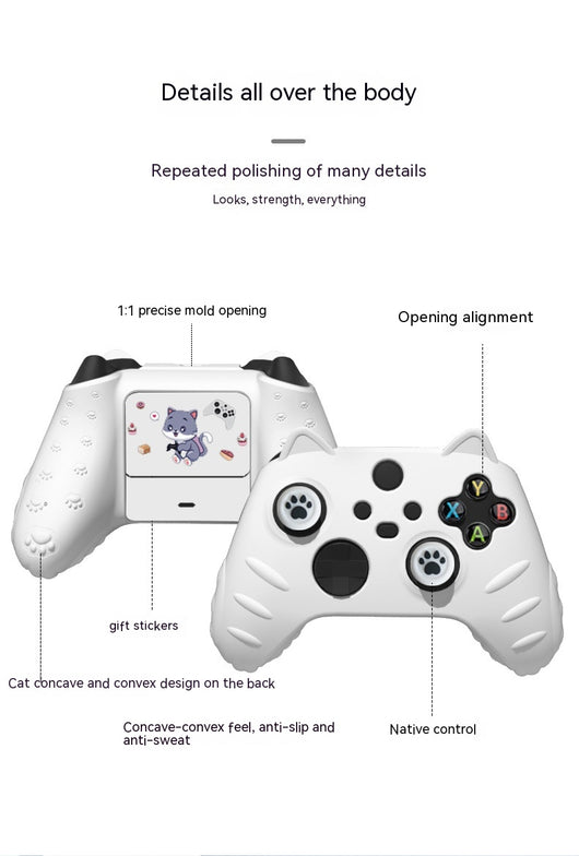 Light yellow silicone Xbox Series controller cover with cat ears, paw print joystick caps, and a cartoon cat sticker. - Image 25