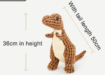 Brown textured corn velvet dinosaur plush toy with beige belly and black eyes, designed for dogs. - Image 15