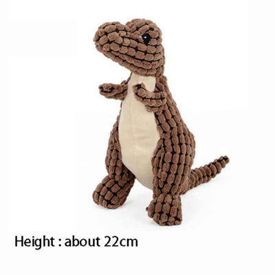 Brown textured corn velvet dinosaur plush toy with beige belly and black eyes, designed for dogs. - Image 16