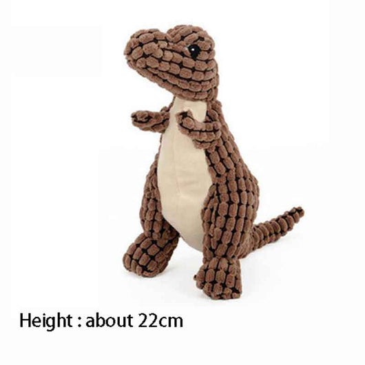 Brown textured corn velvet dinosaur plush toy with beige belly and black eyes, designed for dogs. - Image 16