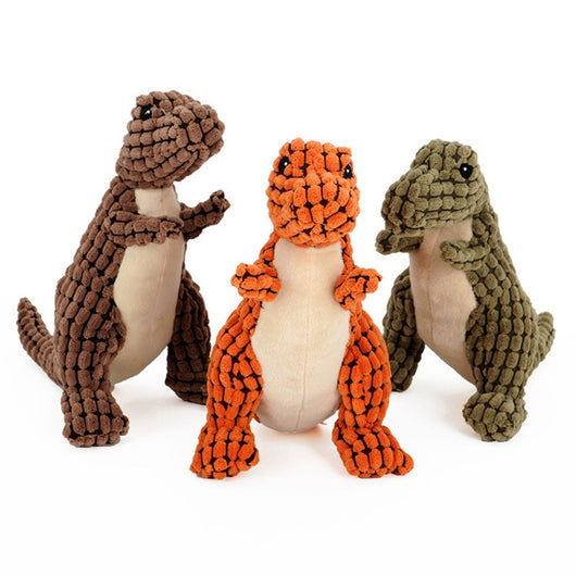 Brown textured corn velvet dinosaur plush toy with beige belly and black eyes, designed for dogs. - Image 19